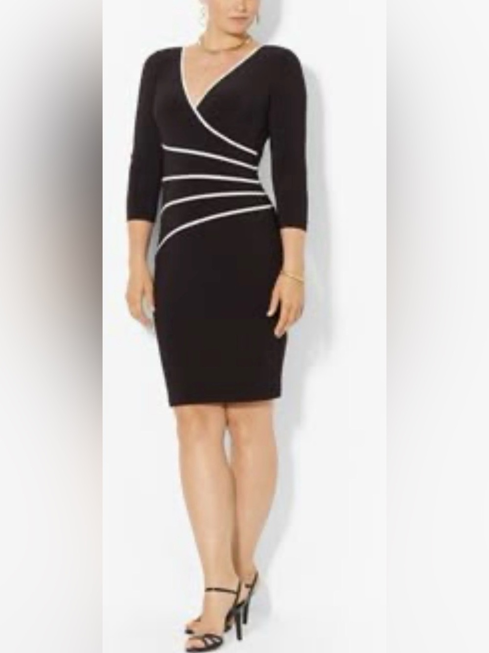 Lauren Ralph Lauren Black Midi Wrap-Style Dress with White Piping